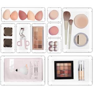 imageVtopmart 10 Pcs Makeup Drawer Organizer Bins Set 4 Size Plastic Makeup and Vanity Organizer Trays Clear Acrylic Vanity Storage Containers for Cosmetics Toiletries Jewelry Gadgets Office Supply
