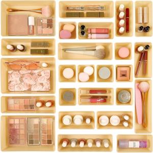 imageVtopmart 25 PCS Plastic Drawer Organizers Set 4Size Versatile Bathroom and Vanity Drawer Organizer Trays Storage Bins for Makeup Bedroom Kitchen Gadgets Utensils and OfficeBeige