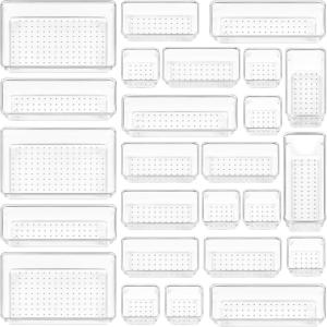 imageVtopmart 25 PCS Plastic Drawer Organizers Set 4Size Versatile Bathroom and Vanity Drawer Organizer Trays Storage Bins for Makeup Bedroom Kitchen Gadgets Utensils and OfficeClear