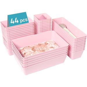 imageVtopmart 44 PCS Clear Plastic Drawer Organizers Set 4Size Versatile Bathroom and Vanity Organizer Trays NonSlip Storage Containers for Makeup Jewelries BedroomKitchen Utensils and OfficePink