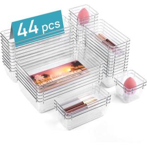 imageVtopmart 44 PCS Clear Plastic Drawer Organizers Set 4Size Versatile Bathroom and Vanity Organizer Trays NonSlip Storage Containers for Makeup Jewelries BedroomKitchen Utensils and OfficeClear