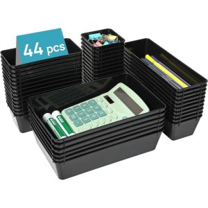 imageVtopmart 44 PCS Clear Plastic Drawer Organizers Set 4Size Versatile Bathroom and Vanity Organizer Trays NonSlip Storage Containers for Makeup Jewelries BedroomKitchen Utensils and OfficeBlack