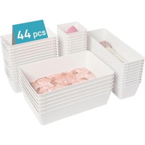 imageVtopmart 44 PCS Clear Plastic Drawer Organizers Set 4Size Versatile Bathroom and Vanity Organizer Trays NonSlip Storage Containers for Makeup Jewelries BedroomKitchen Utensils and OfficeWhite