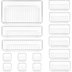 imageVtopmart 66 PCS Clear Plastic Drawer Organizer Bins 4Size Versatile Bathroom and Vanity Organizer Trays Acrylic Storage Containers for Makeup Jewelry Toiletry Kitchen Utensils and Office Supply15 PCS