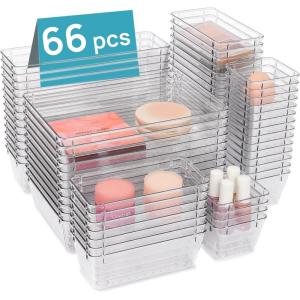imageVtopmart 66 PCS Clear Plastic Drawer Organizer Bins 4Size Versatile Bathroom and Vanity Organizer Trays Acrylic Storage Containers for Makeup Jewelry Toiletry Kitchen Utensils and Office Supply66 PCS