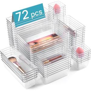 imageVtopmart 72 PCS Clear Plastic Drawer Organizers Set 4Size Versatile Bathroom and Vanity Organizer Trays NonSlip Storage Containers for Makeup Jewelries BedroomKitchen Utensils and OfficeClear