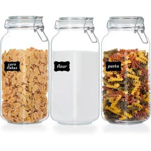 imageVtopmart 78oz Glass Food Storage Jars with Airtight Clamp Lids 3 Pack Large Kitchen Canisters for Flour Cereal Coffee Pasta and Canning Square Mason Jar with 8 Chalkboard Labels3pack78ozSquare