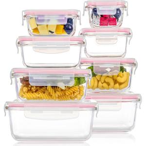 imageVtopmart 8 Pack Glass Food Storage Containers with Airtight Lids Glass Meal Prep Containers Lunch Containers for Microwave Oven Freezer and Dishwasher BPA FreePink