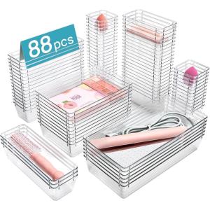 imageVtopmart 88PCS Clear Plastic Drawer Organizers Set 5Size Versatile Bathroom Drawer Organizer Trays Storage Bins for Makeup Vanity Kitchen Gadgets Utensils and Office
