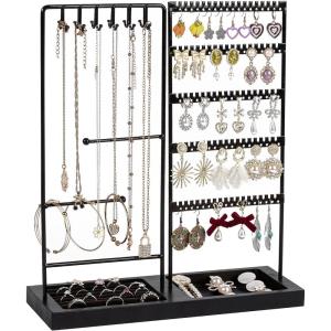 imageVtopmart Jewelry Holder Organizer Stand Tree for Earring Necklace Ring Bracelets Display and Storage with 90 Holes 12 Hooks All Black