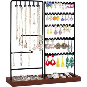 imageVtopmart Jewelry Holder Organizer Stand Tree for Earring Necklace Ring Bracelets Display and Storage with 90 Holes 12 Hooks Black Walnut
