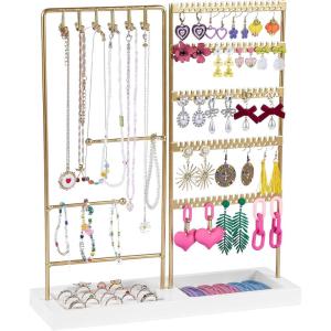imageVtopmart Jewelry Holder Organizer Stand Tree for Earring Necklace Ring Bracelets Display and Storage with 90 Holes 12 Hooks GoldWhite
