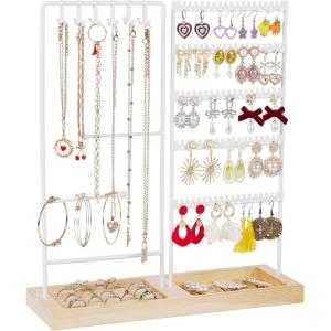 imageVtopmart Jewelry Holder Organizer Stand Tree for Earring Necklace Ring Bracelets Display and Storage with 90 Holes 12 HooksWhiteWood