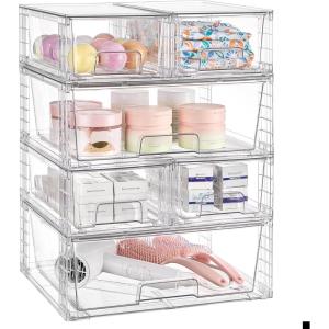 imageVtopmart 3 Pack Stackable Storage Drawers Easily Assemble Acrylic Bathroom Undersink OrganizersClear Plastic Storage Bins for ClosetCabinetPantryMedicine Organization4 Small2 Wide