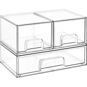 imageVtopmart Clear Stackable Storage Drawers Set of 4 Plastic Organizer Bins for Makeup Cosmetics Beauty SuppliesIdeal for Vanity BathroomCabinetPantry Organization2 Small1 Wide