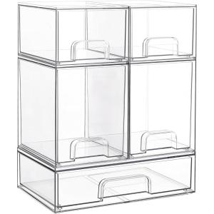 imageVtopmart Clear Stackable Storage Drawers Set of 4 Plastic Organizer Bins for Makeup Cosmetics Beauty SuppliesIdeal for Vanity BathroomCabinetPantry Organization2 Small2 High1 Wide