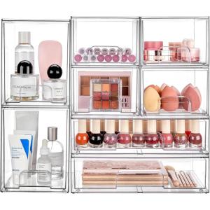 imageVtopmart Clear Stackable Storage Drawers Set of 4 Plastic Organizer Bins for Makeup Cosmetics Beauty SuppliesIdeal for Vanity BathroomCabinetPantry Organization4 Small2 High2 Wide