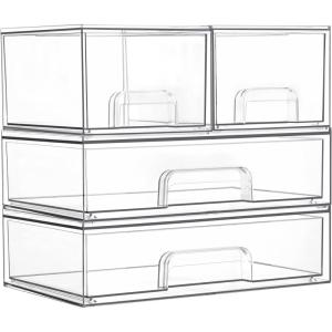 imageVtopmart Clear Stackable Storage Drawers Set of 4 Plastic Organizer Bins for Makeup Cosmetics Beauty SuppliesIdeal for Vanity BathroomCabinetPantry Organization2 Small2 Wide