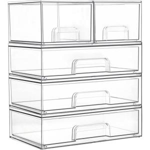 imageVtopmart Clear Stackable Storage Drawers Set of 4 Plastic Organizer Bins for Makeup Cosmetics Beauty SuppliesIdeal for Vanity BathroomCabinetPantry Organization2 Small3 Wide