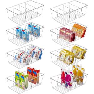 imageVtopmart 2 Pack Food Storage Organizer Bins Clear Plastic Bins for Pantry Kitchen Fridge Cabinet Organization and Storage 4 Compartment Holder Packets Snacks Pouches Spice Packets8pack