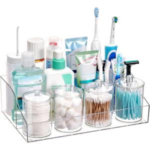 imageVtopmart 5 PCS Bathroom Countertop Organizer 1 Divided Tray with 4 Qtip Holder Jars Restroom Clear Organizers for Toothbrush Cotton Pads Balls Floss Bathroom Vanity Accessories Storage Set5
